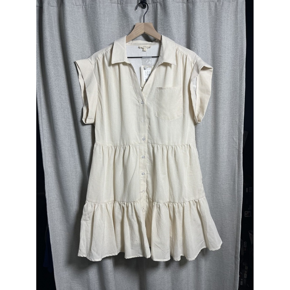 Elan Seersucker Shirt Dress XL NWT Tan Gingham Tiered Button Front Mini